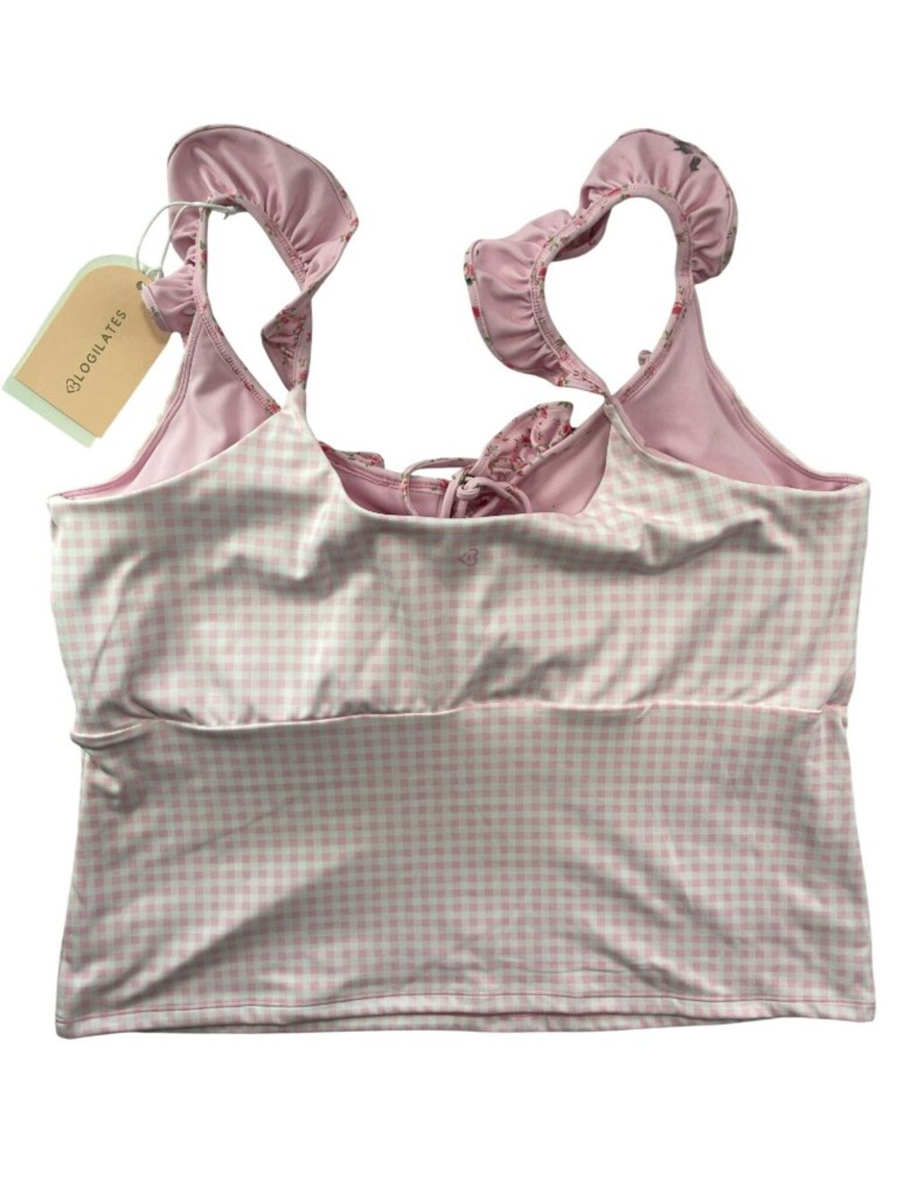 Blogilates Pink Ruffle Lace-Up Gingham Tank Top Floral Straps Wmn's Size 3X NWT - Picture 2 of 9